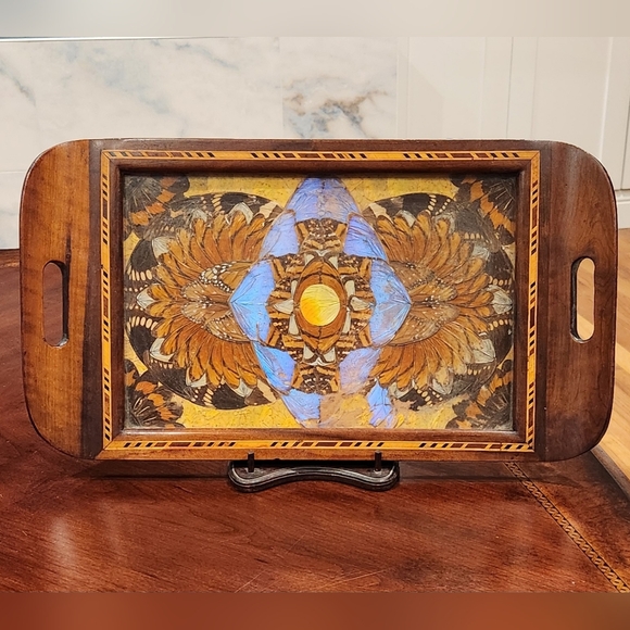 Vintage Inlaid Wood Tray with Butterfly Wings - Picture 2 of 16